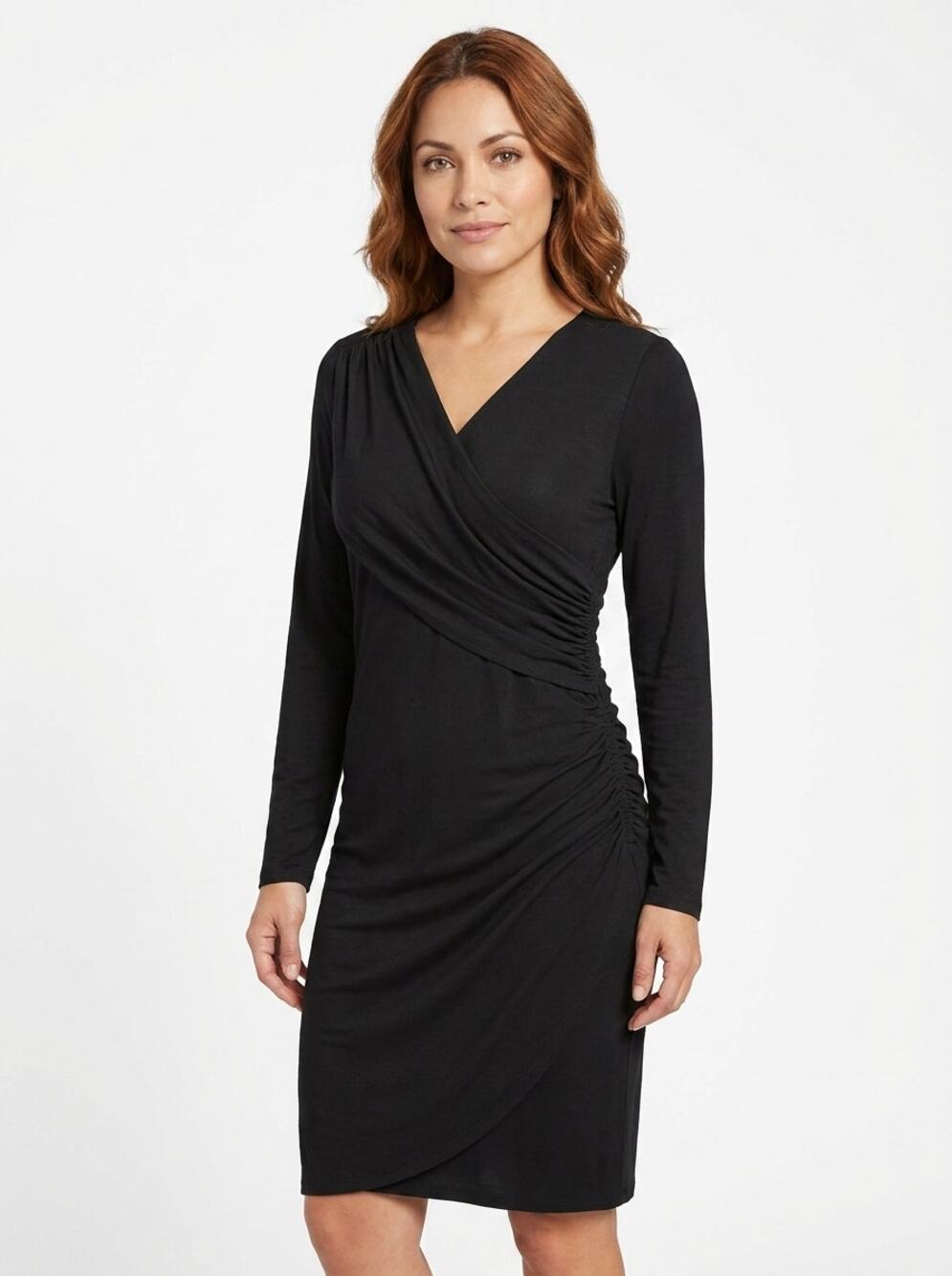 NWT Dkny Faux Wrap Black Knee Length Ruched Knit Dress Women Size S
